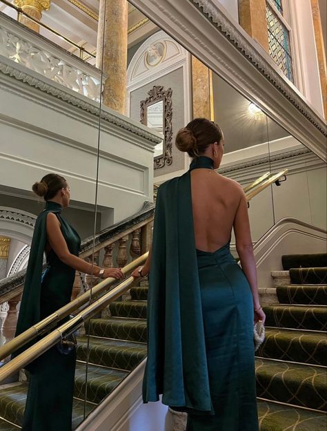 Backless Wrap Dress, Green Dresses For Graduation, Satin Dress With Neck Scarf, Halter Neck Open Back Dress, Emerald Wedding Guest Dress, Dresses With Neck Scarf, Wedding Guest Scarf, Halter Scarf Dress, Club London Dress