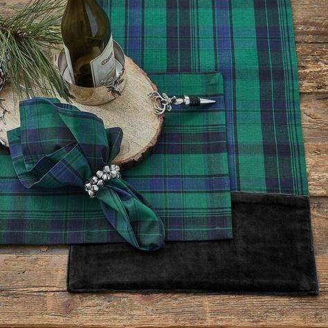 A beautiful Scottish plaid in emerald green and blue sets the perfect holiday table with tradition and a touch of royalty. This reusable table runner will help protect your table surface from potential spills and marks while also providing a decorative touch. Blue And Green Plaid Christmas, Green Plaid Christmas, Plaid Table Runner, Table Surface, Tartan Christmas, Winter Table, Holiday Tablescapes, Scottish Plaid, Christmas Table Cloth