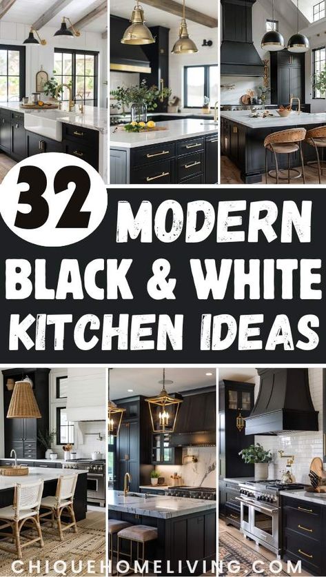 32 Modern Black and White Kitchen Ideas to Inspire You 67 32 Modern Black and White Kitchen Ideas to Inspire You Black Dishwasher In Kitchen, Black Countertops Black Cabinets, Kitchen Cabinet Color Ideas Black Countertop, Modern Black Kitchen Cabinets, Black On Black Kitchen, Black Cabinets Kitchen, Kitchens With Black Cabinets, Black Kitchen Appliances, Gold Modern Kitchen