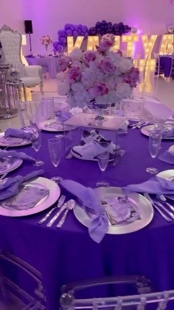 Sweet 16 Purple Decorations, Quencinera Purple Theme, 16 Shades Of Purple Sweet 16, Royal Purple Sweet 16, Purple Sweet Sixteen Decorations, Purple Sweet 16 Table Decorations, Sweet 16 Sneaker Ball Cake Ideas, Purple Sneaker Ball Decorations, Sweet 16 Purple And Blue Theme