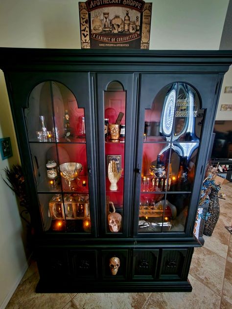 Witchy China Cabinet, Gothic China Cabinet, Cabinet Of Curiosities Aesthetic, Living Room Hutch, China Cabinet Decor, Gothic Diy, Gothic Cabinet, Gothic Homes, Gothic Decor Bedroom