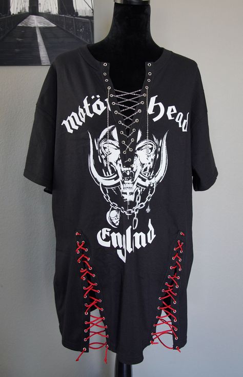 "Diy shirt Motörhead Lemmy Ace of spades top with front lace up sides oversized SIZES small 36-38\" chest medium 38-40\" chest large 40-42\" chest xlarge 45-45\" chest" Chain Shirts Diy, Cut Up Concert Shirt Diy, Diy Punk Tank Top, Distressed Shirt Ideas, Upcycled Punk Clothes, Cute Cut Shirts Diy, Alt Shirt Diy, Oversized Shirt Diy, Oversized Tshirt Diy