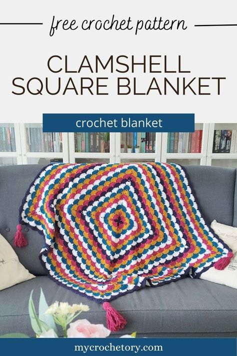 Learn how to crochet Clamshell Stitch Blanket! This free crochet blanket pattern is a handy and practical decoration, just perfect for cuddling with on a cold night. Original design that catches the eye will look great in other colors too and will brighten up any room. Visit the blog post at mycrochetory.com and grab the free crochet clamshell stitch blanket pattern! Crochet Blanket In Round, Crochet Blanket Worked In Rounds, Shell Stitch In The Round Crochet, Crochet In The Round Patterns Blankets, Crochet Blanket Patterns In The Round, Crochet Blanket Shell Pattern, Crochet Blanket In The Round Pattern, Crochet Baby Blanket In The Round, In The Round Crochet Blanket