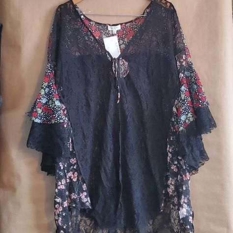 Umgee Black Lace With Floral Design Front Tie Kimono, Tiered Sleeves, Bohemian Vibes. Blue Velvet Top, Womens Boho Tops, Umgee Dress, Bohemian Vibes, Boho Tunic Tops, Umgee Tops, Lace Kimono, Orange Blouse, Boho Kimono