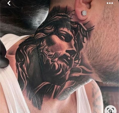 Angel Tattoo Men Neck, Jesus Neck Tattoo, Angle Tattoo For Men, Jesus On Cross Tattoo, Front Neck Tattoo, Full Neck Tattoos, Best Neck Tattoos, Virgin Mary Tattoo, Bear Tattoo Designs