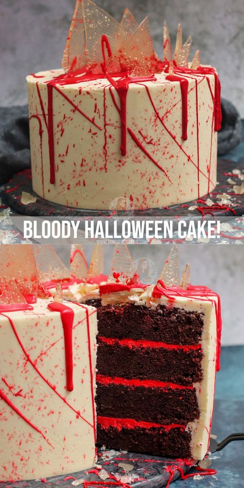 Scary Halloween Cakes, Spooky Halloween Cakes, Horror Cake, Scary Cakes, Spooky Cake, Janes Patisserie, Halloween Cake Decorating, Glass Shards, Ganache Recipe