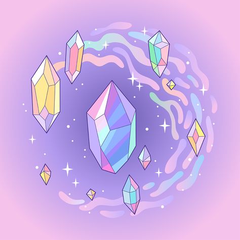 Kawaii Space Art, Kawaii Crystals Drawing, Kawaii Crystal, Prism Drawing, Pastel Pokemon Aesthetic, Kawaii Moon, Space Kawaii, Kawaii Space, Crystal Drawing