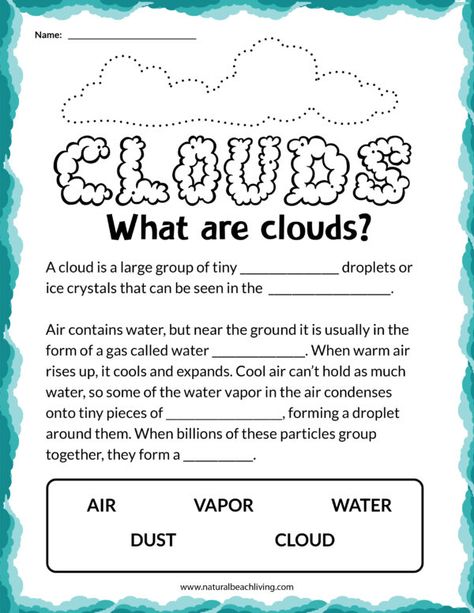 Clouds Activities for Kindergarten - Natural Beach Living Cloud Activities For Preschool, Clouds Kindergarten, Cloud Lessons, Cloud Worksheet, Clouds Activities, Clouds Lesson Plan, Clouds Lesson, Weather Science Activities, Types Of Clouds