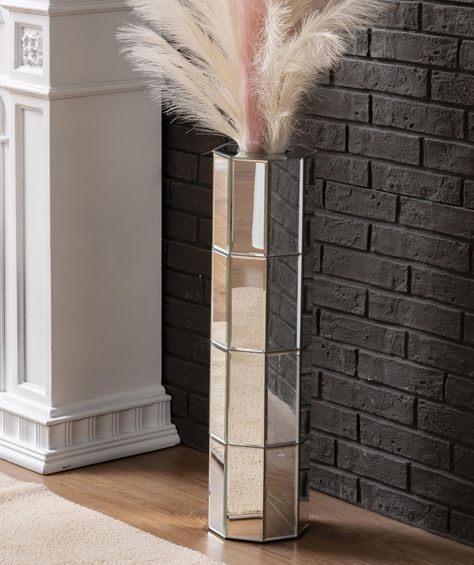 PRICES MAY VARY. : Add a touch of modern sophistication to your home with the Blingworld Mirrored Floor Vase. This elegant vase is the perfect way to add a touch of luxury to any room. The mirrored glass finish reflects light and creates a stunning visual effect, making it a statement piece that will command attention. : This vase is made of high-quality MDF structure and 32 pieces of rectangular mirror-polished glass, making it both gorgeous and durable. It's perfect for displaying branches, gr Tall Floor Mirror, Flower Arrangements Decor, Silver Vase Decor, Mirror Centerpiece, Large Vases Decor, Pretty Living Room, Large Vases, Elegant Vase, Elegant Centerpiece