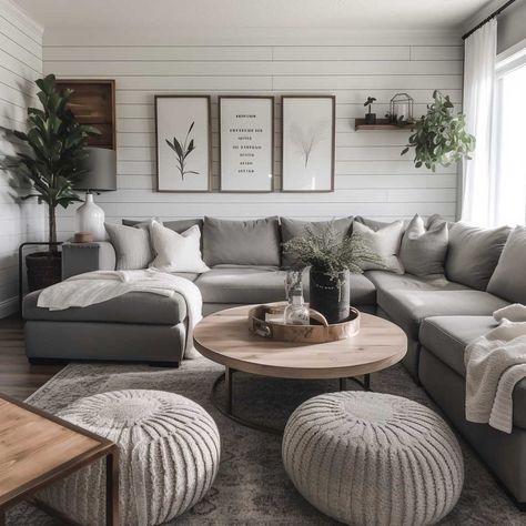 Grey Modern Farmhouse Living Room, Grey Modern Farmhouse, Gray Sectional Living Room, Gray Living Room Design, Grey Sofa Living Room, Modern Farmhouse Living Room Decor, Grey Couch Living Room, Shiplap Walls, Modern Farmhouse Living