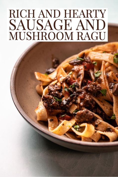 Rich and Hearty Sausage and Mushroom Ragu - this meaty and mushroomy pasta sauce is restaurant quality, but so easy to make! Italian Sausage Ragu, Italian Sausage Mushroom Pasta, Italian Sausage And Mushroom Recipes, Sausage Mushroom Pasta, Sausage And Mushroom Pasta, Sausage And Mushrooms, Fennel Pasta, Mushroom Pasta Sauce, Sausage Mushroom