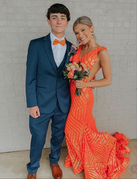 Orange Prom Couple, Prom Color Ideas, Couple Prom Outfits, Orange Hoco Dress, Orange Evening Dress, Prom Dress Orange, Prom Couples Outfits, Matching Prom, Orange Formal Dresses