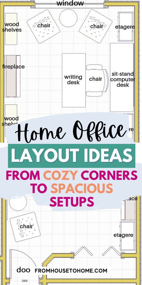 Home office layout ideas for cozy corners or spacious setups. Drafting Table Home Office, His And Her Home Office Layout, Office Guest Room Layout Ideas, Desk Diagonal In Room, 11x10 Office Layout, Home Office Ideas Desk In Middle, Home Office With Sitting Area Layout, Open Floor Plan Living Room And Office, Home Office Two Desks Facing Each Other