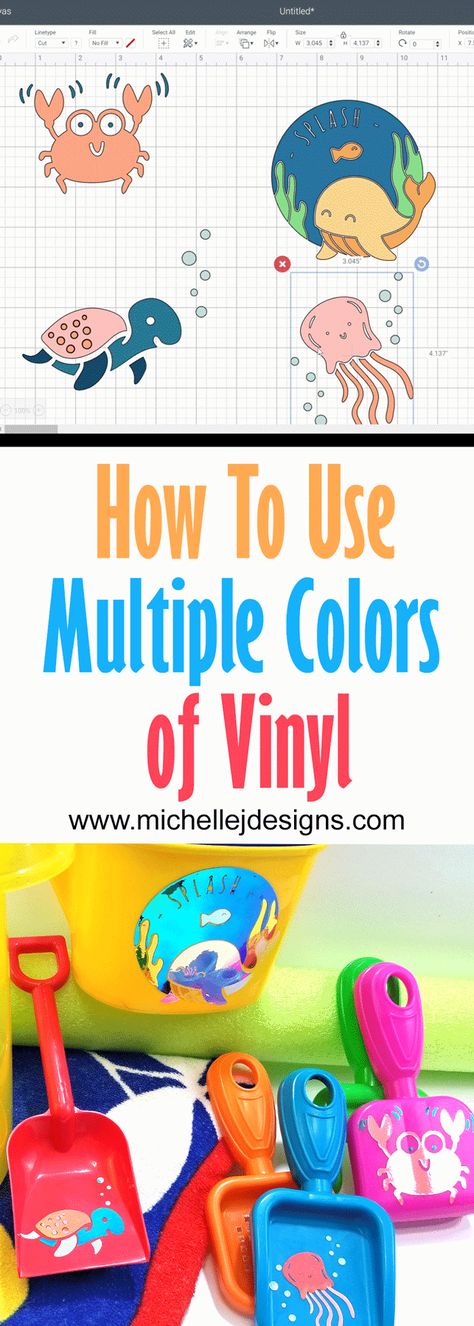 Have you ever wondered how to use multiple colors of vinyl for a cute Cricut design? This post shows you step-by-step how to cut and apply each color. #michellejdesigns #cricutmaker #styletechcraftopa How To Use Multiple Colors Of Iron On Vinyl, Cricut Multiple Color Vinyl, Multi Color Vinyl Cricut, Layering Vinyl Cricut, Dollar Tree Toys, Cricut Blades, Cricut Iron On Vinyl, Cricut Business, Cricut Projects Easy