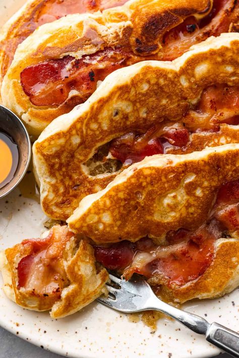 Bacon Pancakes Bacon Pancakes Dippers, Pancake Covered Bacon, Pancakes With Bacon, Bacon Pancake, Pancake Dippers, Quick Muffins, Basic Pancakes, Bacon Donut, Bacon Pancakes