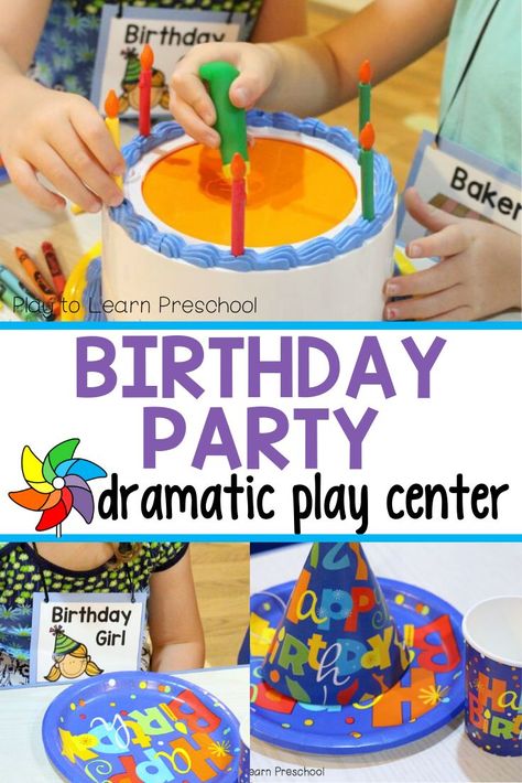 Dramatic play centers are great for preschool because they provide great opportunities for children to interact, talk, problem solve, read, write and even practice early math skills. Here is an idea that is simple and quick and will keep your children playing for hours… a pretend birthday party! #dramaticplay #preschool #pretendplay Birthday Dramatic Play Center, Dramatic Center Preschool, Birthday Party Dramatic Play, Preschool Dramatic Play Center, Party Dramatic Play, Preschool Dramatic Play, Preschool Birthday, Play Preschool, Dramatic Play Themes