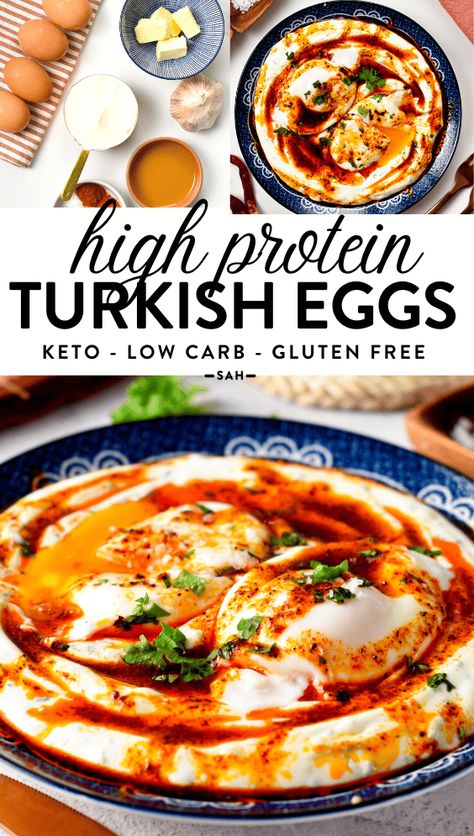 Turkish Eggs Labneh Breakfast Ideas, Spicy Heavy Cream Eggs, High Protein Breakfast Yogurt, High Protein Mediterranean Breakfast, Labneh Eggs, High Protein Egg Recipes, 30 G Protein Breakfast, Turkish Eggs Recipe, High Protein Mediterranean Recipes