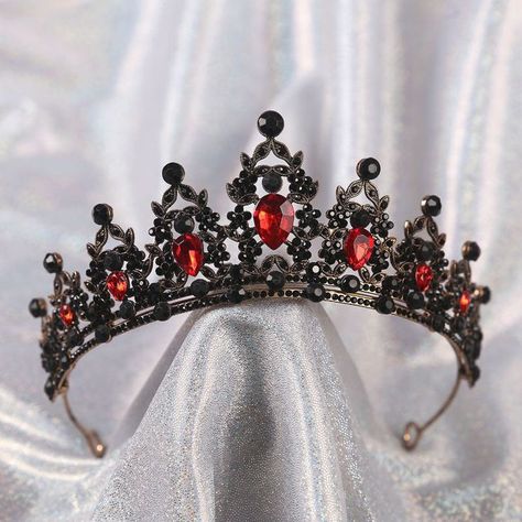 Red Tiara Crowns, Black And Red Crown Queen, Red And Black Tiara, Red Crown Aesthetic, Crown With Red Jewels, Dark Red Crown, Red Quince Crown, Black And Red Crown, Red Crowns