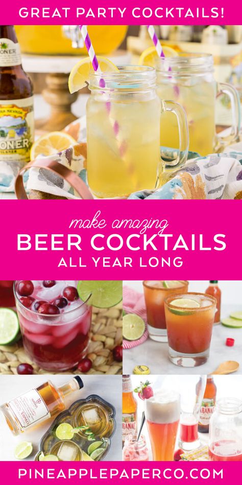 Beer Cocktail Recipes You’ve GOT to Try. They’re great all year long for parties big and small! Beer Cocktails curated by Pineapple Paper Co. #beercocktail #cocktailrecipes #drinkrecipes #beer #shandyrecipes #summercocktails Beer Cocktails Summer, Beer And Vodka Drink, Beer Mixed Drinks Recipes, Beer Based Cocktails, Beer Punch Recipes, Summer Beer Recipe, Drinks With Beer, Beer Cocktails Recipes, Beer Mixed Drinks