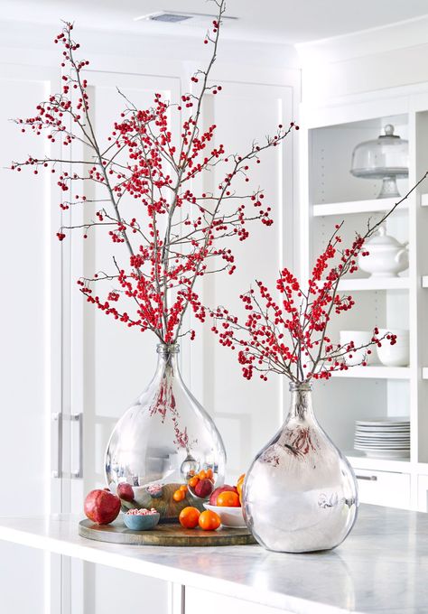 Mercury Glass Vase with holly berry branches Magnolia Garland, Mercury Glass Vase, Christmas Vases, Holiday Greenery, Christmas Decorating Ideas, Christmas Greenery, Vase Arrangements, Holly Berries, Southern Living