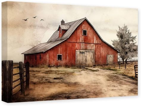 Amazon.com: CCWACPP Barn Pictures Wall Decor Old Farmhouse Canvas Wall Art Rustic Red Barn Painting Print Living Room Kitchen Decor Frame (Barn - 2, 24.00" x 36.00"): Posters & Prints Kitchen Decor Frames, Red Barn Painting, Living Room Kitchen Decor, Pictures Wall Decor, Barn Wall Art, Farmhouse Canvas, Farmhouse Paintings, Farm Pictures, Barn Pictures