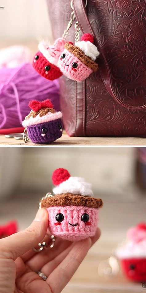 Displaying Crochet Items, Crochet Cupcake Keychain Free Pattern, Crochet Candy Apple, Cupcake Keychain Crochet, New Handmade Ideas, Crochet Sweets Free Patterns, Cupcake Amigurumi Free Pattern, Crochet Keychain Pattern Free Simple, Cute Crochet Keychain Patterns Free