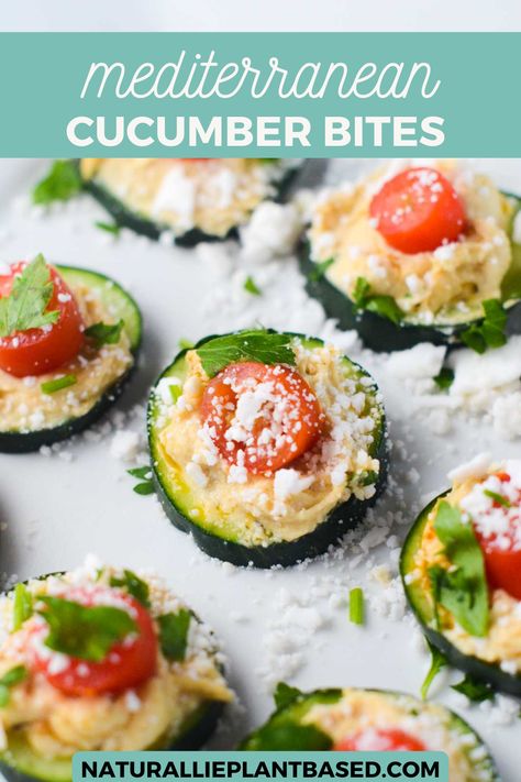 Cherry Tomato Feta, Cucumber Bites Appetizers, Cherry Tomatoes Feta, Feta Crumbles, Mediterranean Cucumber, Mediterranean Hummus, Mediterranean Appetizers, Cucumber Appetizers, Mediterranean Flavors