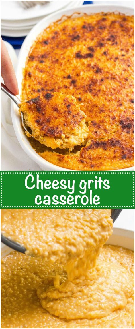 Overnight cheesy grits casserole - a great make ahead Southern breakfast or brunch recipe! | www.familyfoodonthetable.com Overnight Grits, Cheesy Grits Casserole, Cheese Grits Casserole, Southern Brunch, Grits Breakfast, Grits Casserole, Southern Breakfast, Cheesy Grits, Cheese Grits