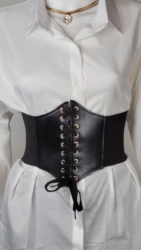 Black Corset Outfit Formal, Waist Belt Corset, Black Corset Top Strapless, Belt For Women Fashion, Small Corset Belt, Leather Waist Belt Outfits, Corset Belt Over Dress, Corset On Dress Outfit, Black Dress Corset Outfit