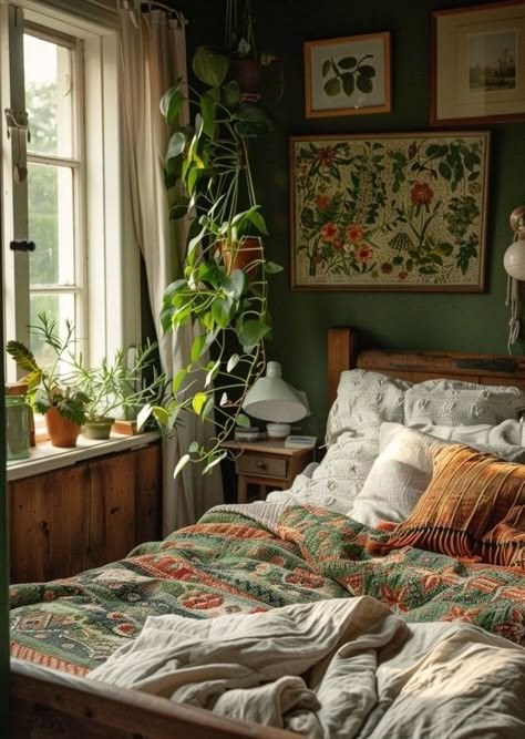 Plant Vintage Room, Boho Antique Bedroom, Whimsical Green Bedroom, Cozy Bedroom Green Walls, Studio Ghibli Inspired Bedroom, Floral Vintage Bedroom, Vintage Bedroom Inspirations, Antique Inspired Bedrooms, Naturalistic Bedroom