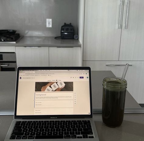 A computer opened to an arbonne website and a green juice sitting next to the computer with a glass straw. Side Hustles Aesthetic, Online Business Aesthetic Woman, Consultancy Aesthetic, Online Job Aesthetic Ideas, Side Hustle Pictures, Dream Job Aesthetic Online, Work From Home Jobs Aesthetic, Online Working Aesthetic, Home Job Aesthetic