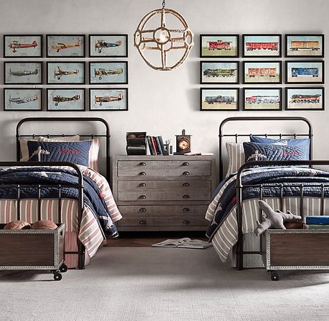 Restoration Hardware bedding Shared Boys Rooms, Design Ložnic, Industri Modern, Restoration Hardware Baby, Two Twin Beds, Rh Baby, Twin Beds, Striped Duvet Covers, Iron Bed