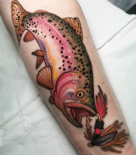 Neo Trad Fish Tattoo, Rainbow Trout Tattoo Traditional, American Trad Animal Tattoo, Rainbow Trout Illustration, Neotraditional Fish Tattoo, Trout Tattoos For Men, Rainbow Fish Tattoo, American Traditional Shark Tattoo, Fish Sleeve Tattoo