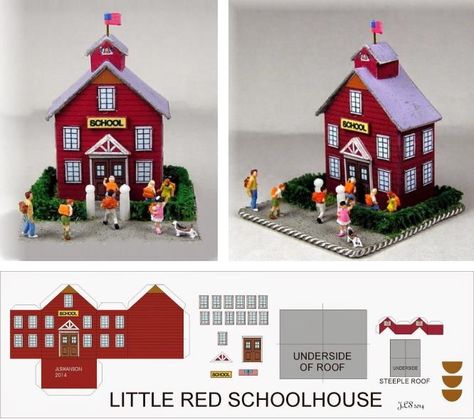 Paper Models House, Red School House, Paper Buildings, Miniature School, Coffee Shop Signs, Model School, Christmas Houses, Mini Houses, School Paper