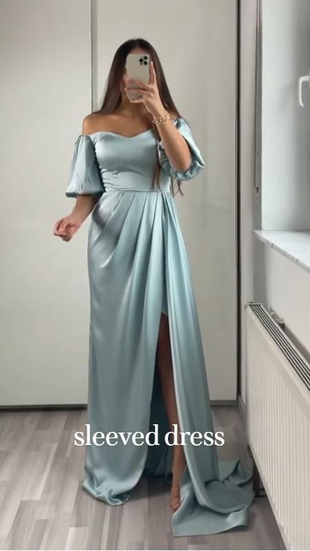 Bridesmaids Gowns With Sleeves, Sleeved Prom Dresses, Dress For Chubby, Bridesmaids Gowns, Bridesmaid Dresses Satin, Dress Couture, Bridesmaid Dresses With Sleeves, Senior Prom Dresses, Fancy Dresses Long