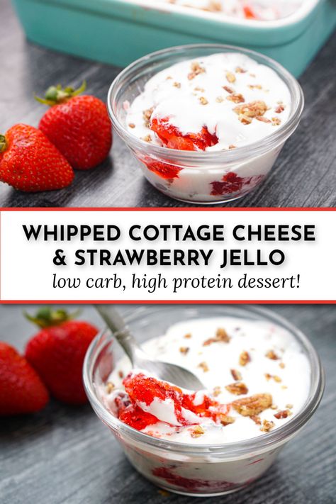 glass cup with keto whipped cottage cheese and strawberry jello plus text Sugar Free Low Carb Keto Lemon Cottage Cheese Fluff, Whipped Cottage Cheese Jello, Keto Jello Cottage Cheese Dessert, Strawberry And Cottage Cheese, Cottage Cheese Fluff Salad Cool Whip, Sausage And Cottage Cheese, Low Carb Frozen Desserts, Strawberries And Cottage Cheese, Cottage Cheese Jello Dessert