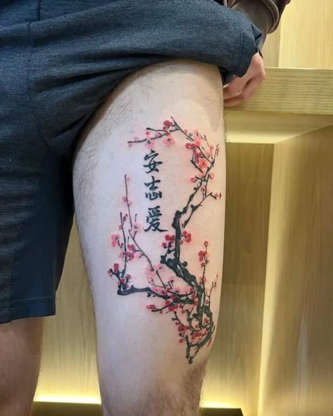 Blossom Tattoo Men, Japanese Cherry Blossom Tree Tattoo, Cherry Blossom Tattoo Men, Cherry Blossom Tattoo Ideas, Japanese Cherry Blossom Tree, Leg Tattoos Small, Tattoo 2022, Japanese Leg Tattoo, Men Flower Tattoo