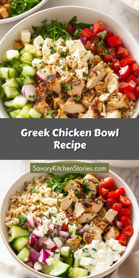 Looking for a flavorful dinner idea that transports you to the Mediterranean? Our Greek Chicken Bowl Recipe is packed with fresh ingredients and vibrant flavors! Enjoy a wholesome meal that’s both satisfying and healthy. Don’t forget to save this recipe for your next Mediterranean dinner inspiration! Greek Chicken Grain Bowls, Pressure Cooker Greek Chicken, Meditterean Chicken Bowl, Easy Mediterranean Bowl, Healthy Mediterranean Bowl Recipes, Medditeranean Chicken Bowl, Meal Prep Mediterranean Chicken Bowls, What To Serve With Greek Chicken, Chicken Gyro Bowl Recipe