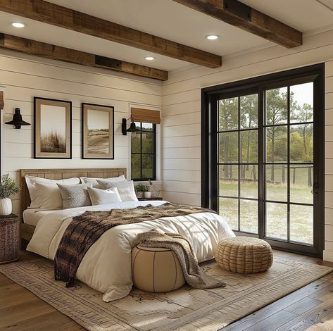 Bedroom Ideas Barndominium, Ranch House Master Bed, Bedroom With Wooden Beams, Wood Ceiling Master Bed, Modern Farm Bedroom Ideas, Barndo Master Bed, Barndominium Ideas Interiors Bedroom, Barndo Bedroom Ideas, Beam In Bedroom