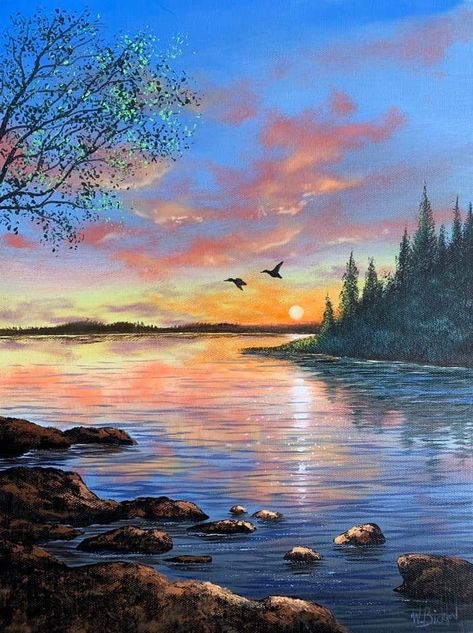 Scenic Photos Landscapes, Mountain With Sunset Painting, Sunsets Paintings Acrylic, Water Painting Scenery, Painting Ideas Scenery Beautiful, Acrylic Painting Landscape Nature Easy, Acrylic Scenery Painting Ideas, Naturalisme Art Simple, Beautiful Art Paintings Nature