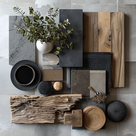 Commercial Interior Design Mood Board, Inspiration From Nature Design, Dark Organic Interior, Black Design Interior, Styling Black Furniture, Green Black Interior Design, Natural Moody Interior Design, Black And Green Color Scheme, Black White Tan Interior Design