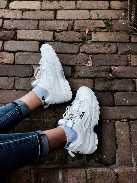 fila disruptor white #fila Tenis Air Max 90, Fila White Sneakers, Fila Outfit, Fila Disruptor, Tenis Vans, Estilo Swag, Fila Disruptors, Ankle Sneakers, Cute Sneakers