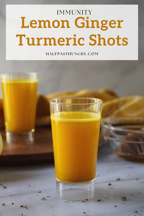 Lemon Ginger Turmeric Shots, Lemon Ginger Turmeric, Ginger Shot Recipe, Lemon Shots, Ginger Shots, Turmeric Drink, Turmeric Shots, Turmeric And Honey, Immune Boosting Foods