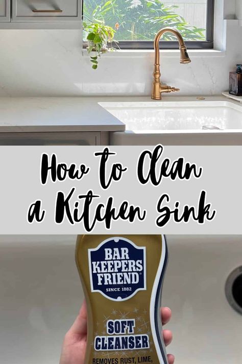 Learn how to perfectly clean a kitchen sink, no matter the material! With all my best tips on cleaning products for a germ-free kitchen! via @thesundaysupper Cleaning Kitchen Sink, Clean A Kitchen, Sink Cleaning, Porcelain Sinks, Clean Kitchen Sink, Bar Keepers Friend, Bar Keeper, Ceramic Sinks, Porcelain Sink