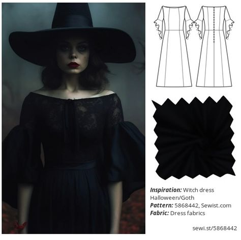 Online Pattern Designer Sewist CAD. Styleboard Witch dress Halloween/Goth.Make your own sewing pattern, enter your measurements and download PDF sewing pattern in 5 minutes! Witch Costume Sewing Pattern, Goth Sewing Patterns, Witch Dress Halloween, Clothing Sewing Patterns, Sewing Pattern Pieces, Sabrina Neckline, Plus Size Goth, Halloween Goth, Witch Dress