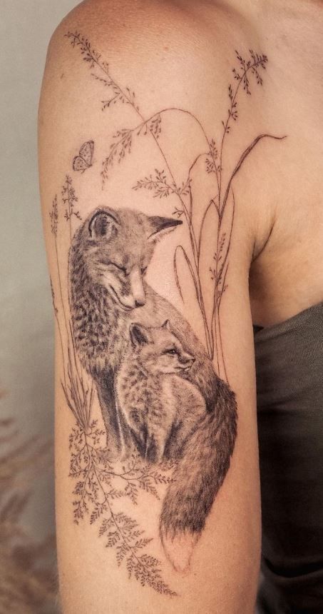 Camping Tattoo, Motherhood Tattoos, Wildlife Tattoo, Fox Tattoo Design, Animal Sleeve Tattoo, Tattoo Me, Ear Tattoo Ideas, Fox Artwork, Ear Tattoos