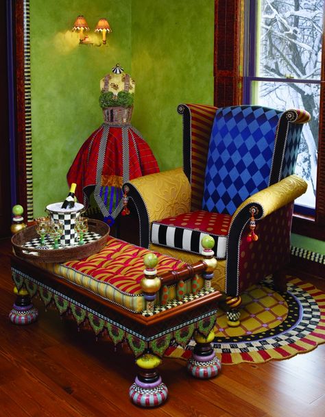 Modern Folk Art of MacKenzie-Childs | Decor Girl Meubles Peints Style Funky, Mackenzie Childs Furniture, Mackenzie Childs Inspired, Whimsical Painted Furniture, Mckenzie And Childs, Modern Folk Art, Whimsical Furniture, Painted Chairs, Funky Painted Furniture