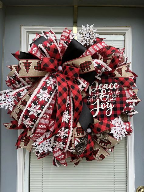 Christmas Holiday Rustic Cabin Farmhouse Inspired Wreath | eBay Sewing Wreath Ideas, Christmas Ribbon Wreaths For Front Door, Christmas Ribbon Wreath Ideas, Christmas Mesh Wreath Ideas, Western Christmas Wreath, Christmas Reefs For Doors, Rustic Christmas Wreaths Diy, Christmas Wreaths With Ribbon, Christmas Wearths Ideas