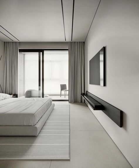 Bedroom Minimalist Modern, Bedroom Minimal, Bedroom Tv Wall, Minimal Bedroom, Modern Minimalist Bedroom, Minimalist Bedroom Design, Interior Minimalista, Bedroom Closet Design, Living Room Partition Design