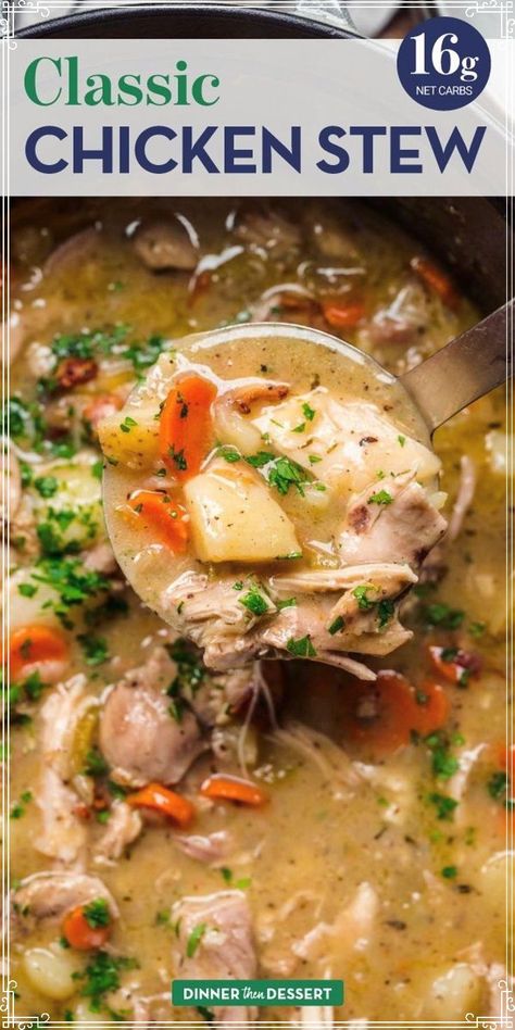 Classic Chicken Stew is a comforting weeknight dinner made with classic ingredients like chicken thighs, bacon, onion, thyme, and carrots. When we think of stew a lot of the time Beef Stew is the first thing to come to mind, but this Chicken Stew is just as comforting and delicious. Chicken Stew Recipes For Dinner, Chicken Stew Recipe Stove Top, Turkey Stew Recipes, Stew Recipes Stove Top, Chicken Thigh Stew, Instant Pot Chicken Stew, Slow Cooker Chicken Stew, Stew Dinner, Turkey Stew